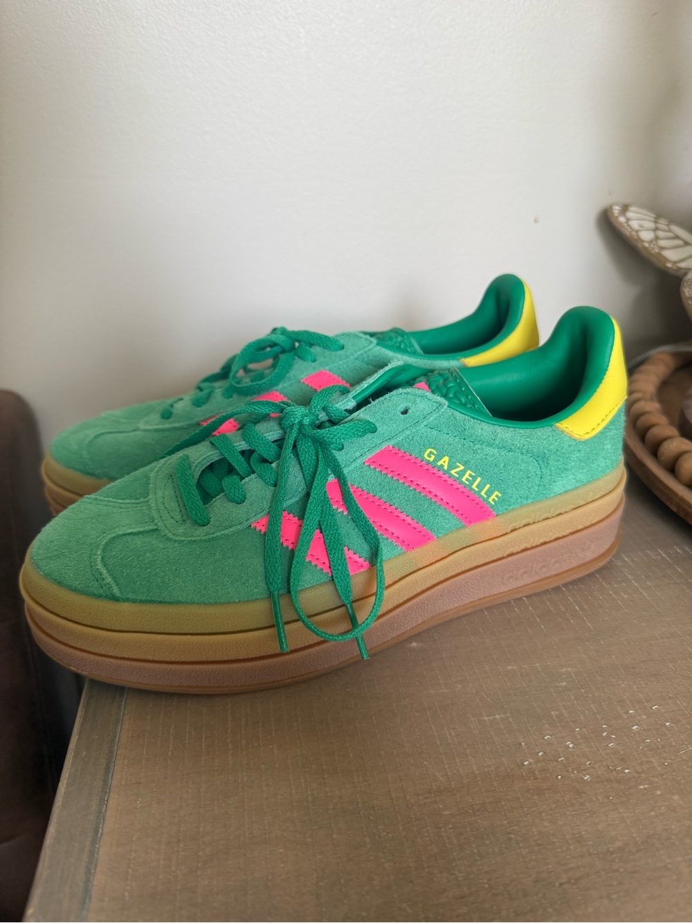 adidas Gazelle Women's Green Suede Sneakers with Pink Stripes and Yellow Heel